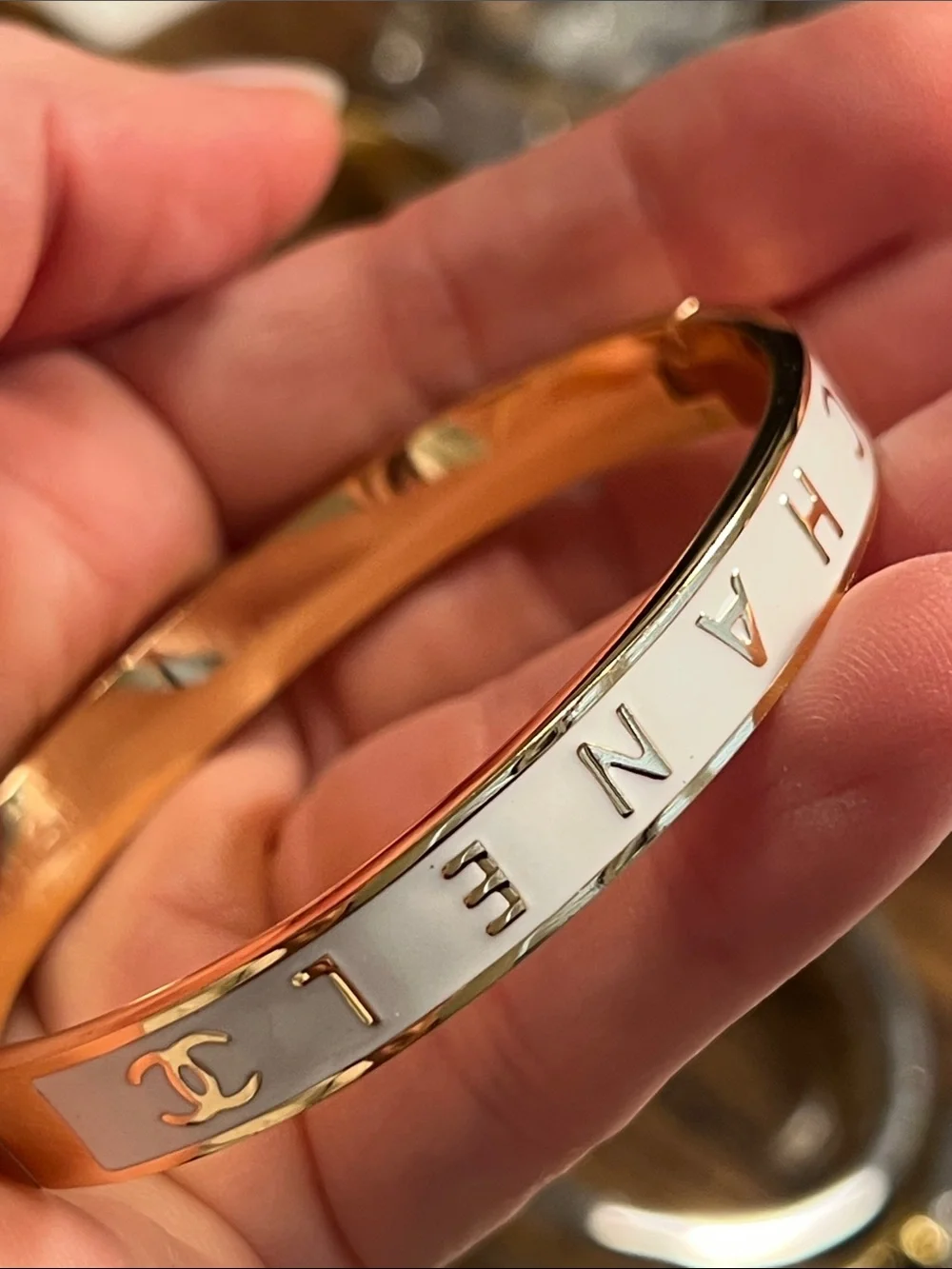 White Enamel and Gold-Tone Logo Bangle Bracelet